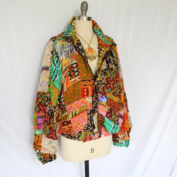 We Be Bop Vintage Patchwork Bomber puffer Jacket patchwork aztec asian ethnic - Picture 4 of 10